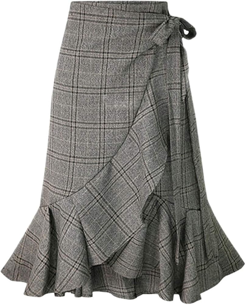 chouyatou Women's Elegant Work Wear Adjustable Waist Flounce A-Line Plaid Midi Wrap Skirt