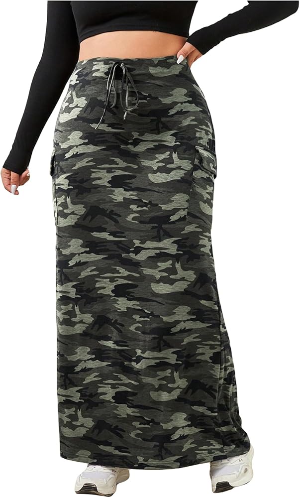 Verdusa Women's Plus Size Casual Drawstring High Waist Camo Print Bodycon Long Skirt