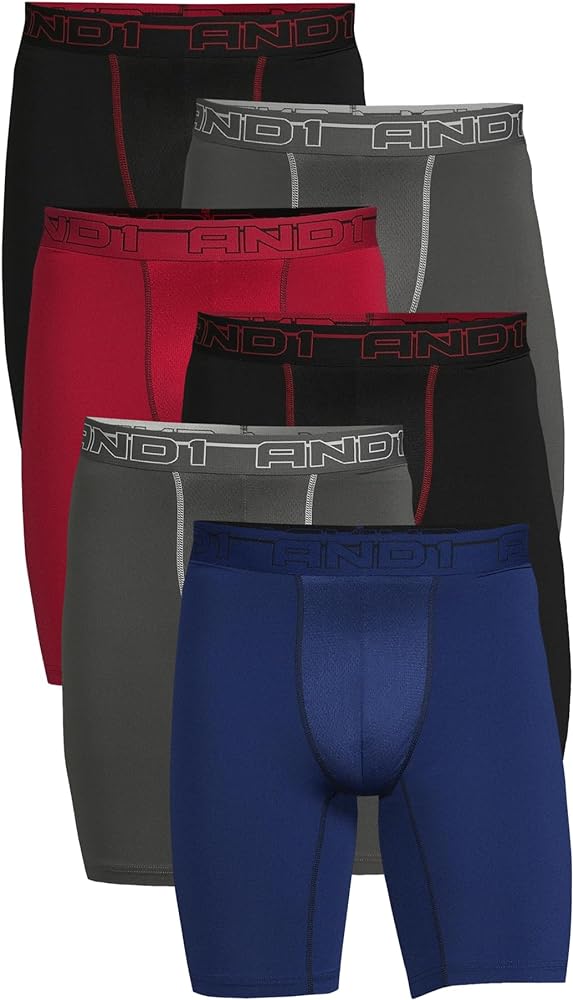 AND1 3XL (48""-50"") Boxer Briefs Performance Underwear 9"" Inseam Long Leg, Red Blue Black Grey