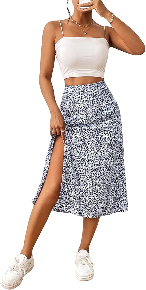 Floerns Women's Boho Floral High Waist Split A Line Midi Skirt