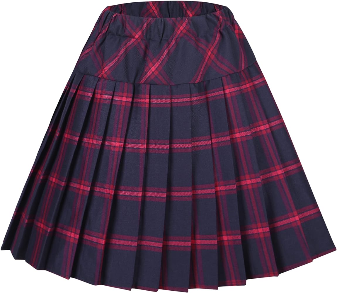 EXCHIC Women's Tartan Elastic Waist Pleated Plaid Skirt Skater Tennis School Mini Skirts