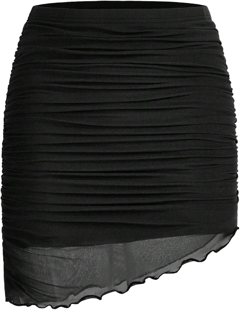 SOFIA'S CHOICE Women's Ruched Asymmetrical Hem Mini Mesh Skirt Low Waisted Bodycon Mini Skirts