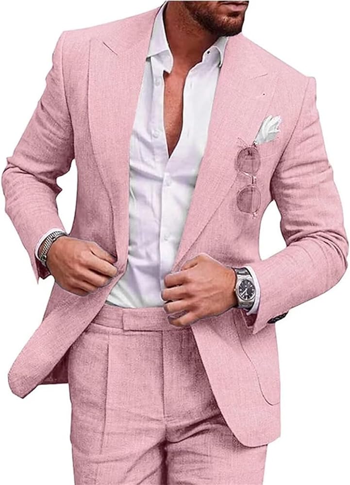 Summer Casual Linen Suits for Men Wedding 2 Piece Slim Fit Suit Beach Groosmen Prom Tuxedo Linen Blazer Pants Set