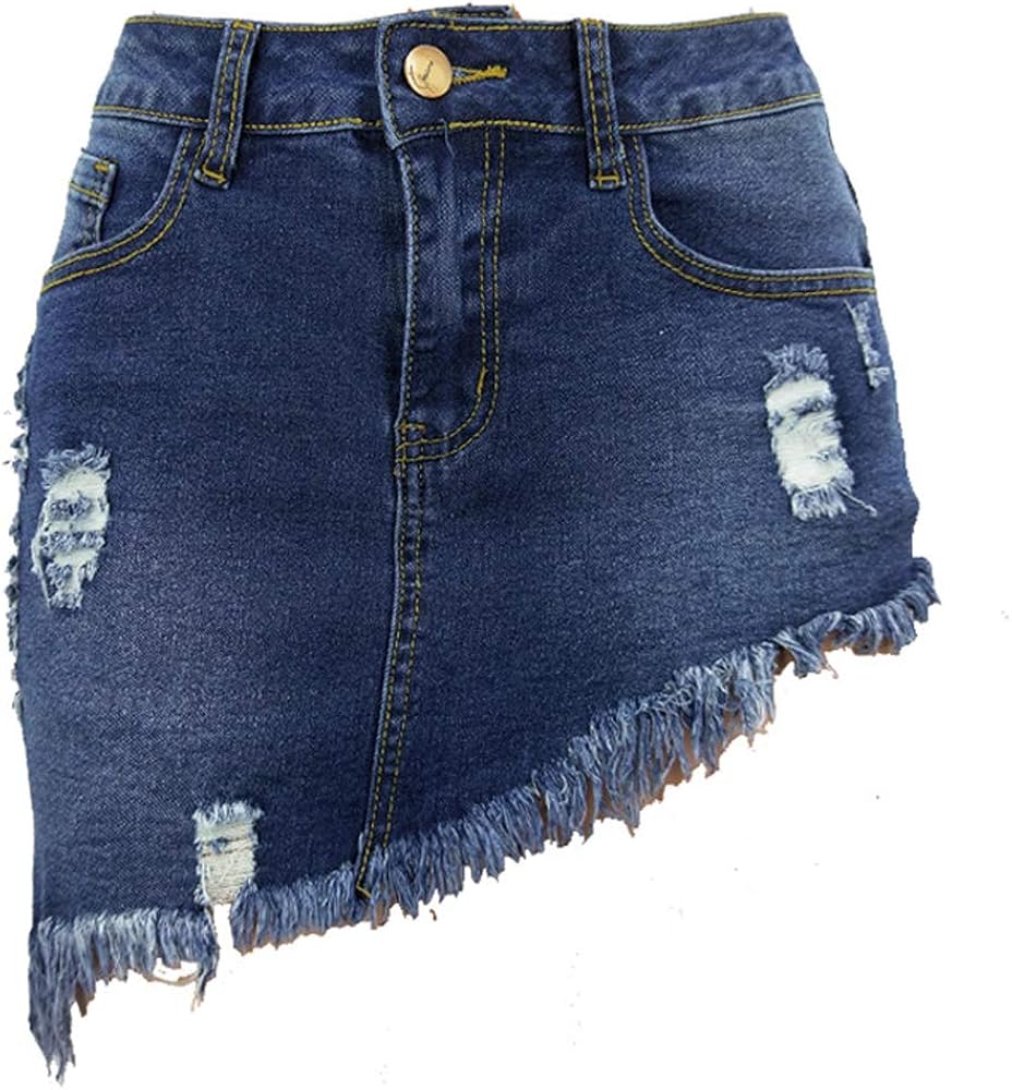 chouyatou Women's Stretch Fit 5-Pocket Irregular Frayed Hem Mini Denim Jean Skirt
