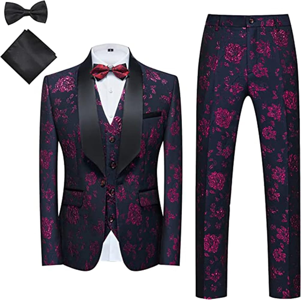 Mens Jacquard Floral Vintage Suit 3 Piece Slim Fit Set Tuxedo Blazer Groomsmen Suit Jackets for Wedding Party