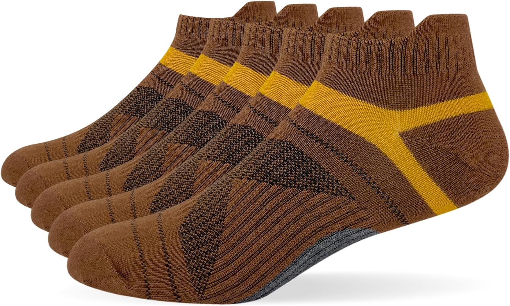 Men's Cotton Athletic Socks, Arch Support, Low Cut, Brown, Tab Style, 5 Pairs