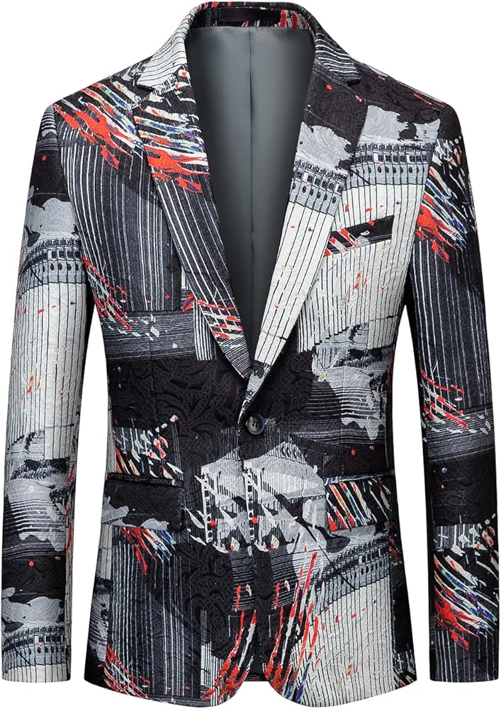 MOGU Mens Blazer with Colourful Irregular Pattern Slim Suit Jacket