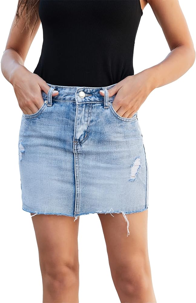 VIPONES Women Denim Skirt High Waist Raw Hem Stretch Ripped Casual Mini Jean Skirts