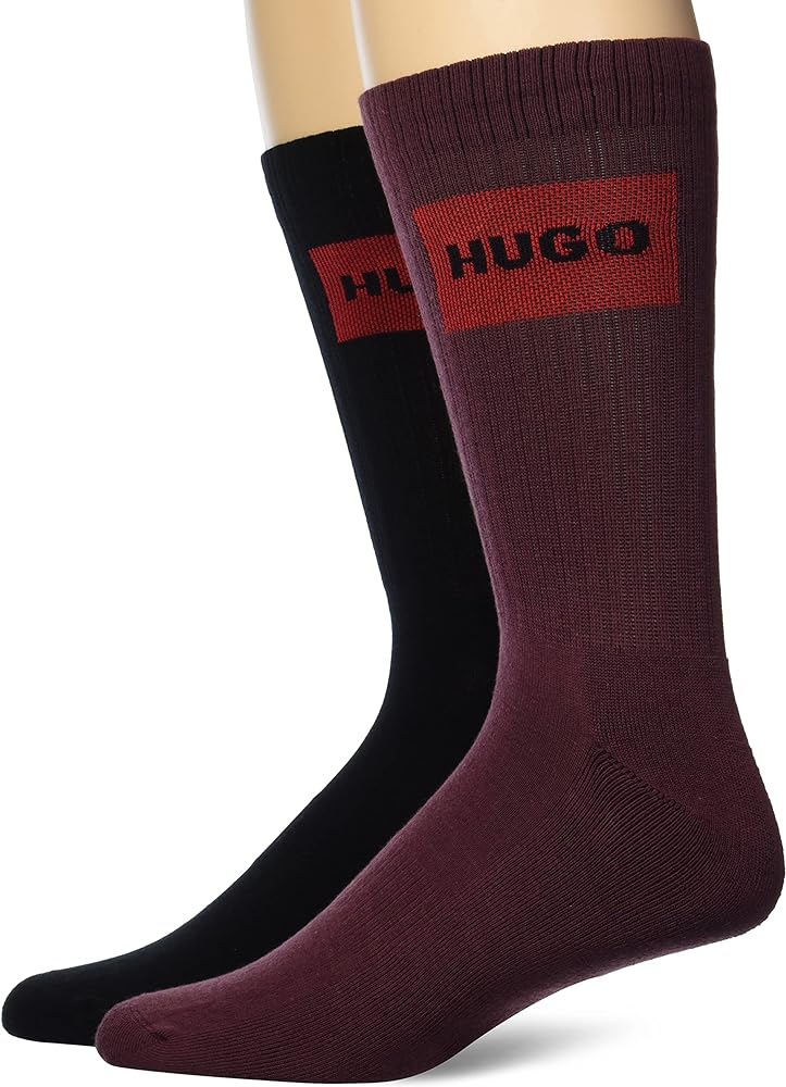 HUGO Men's 2-Pack Red Logo Ribbed Quarter Length Socks