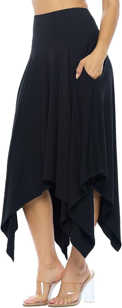 Isaac Liev Women's Elastic High Waist Skirts Asymmetrical Flowy Hemline High Low Ruffle Long Midi Skirt for Women