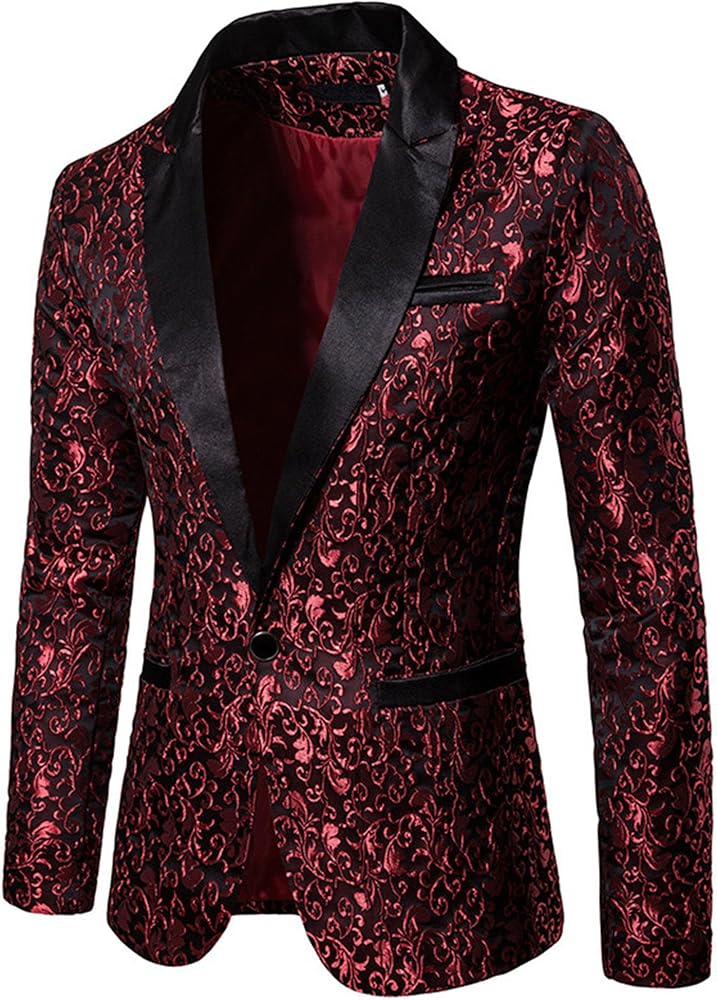 Men's Floral Jacquard Suit Jacket Notch Lapel Stylish Tuxedo Jacket Slim Fit Blazer for Wedding Prom Dinner