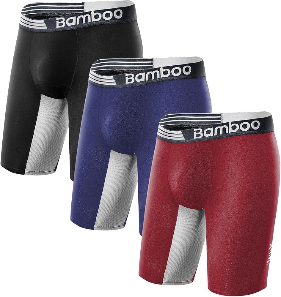 Mens Boxer Briefs Anti Chafe Breathable Moisture-Wicking Bamboo Trunks Underwear without Fly Pouch for Men 3 Pack