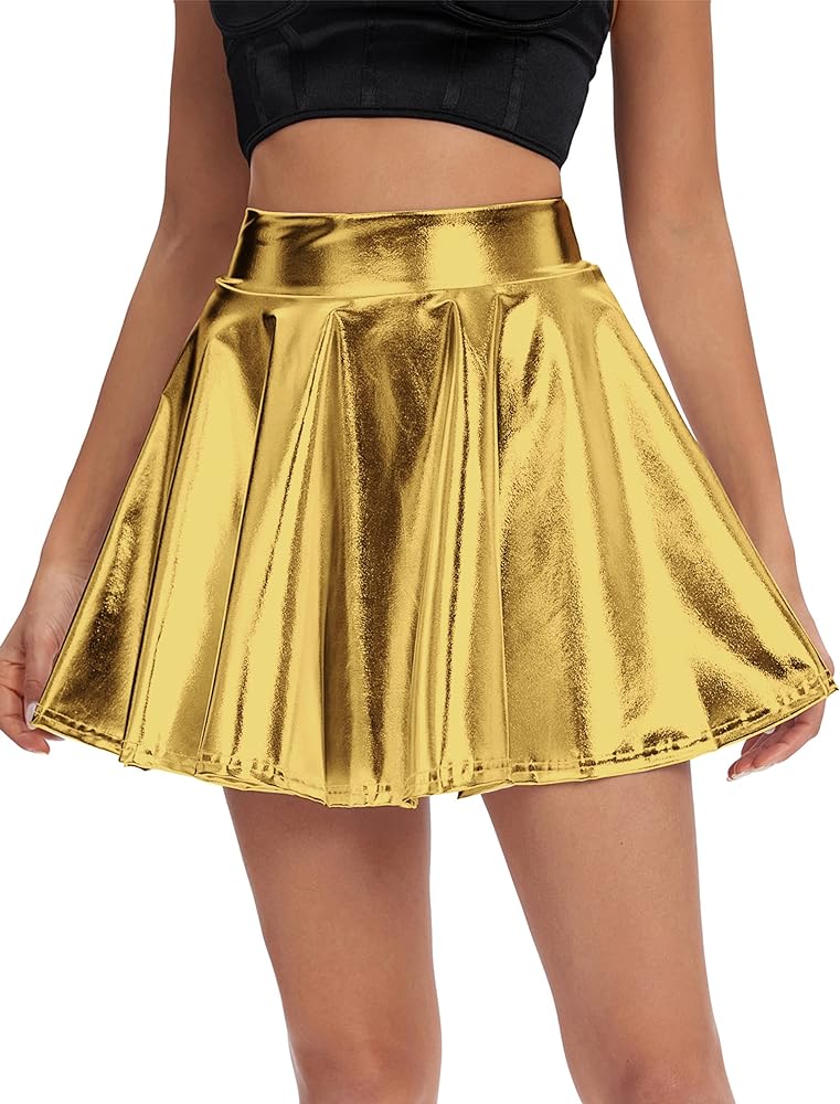 Urban CoCo Women's Shiny Flared Pleated Mini Skater Skirt