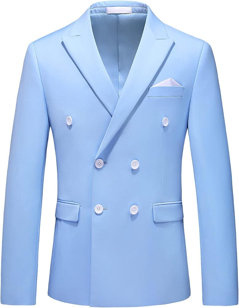 MOGU Mens Double Breasted Blazer Slim Fit Plain Color Suit Jacket