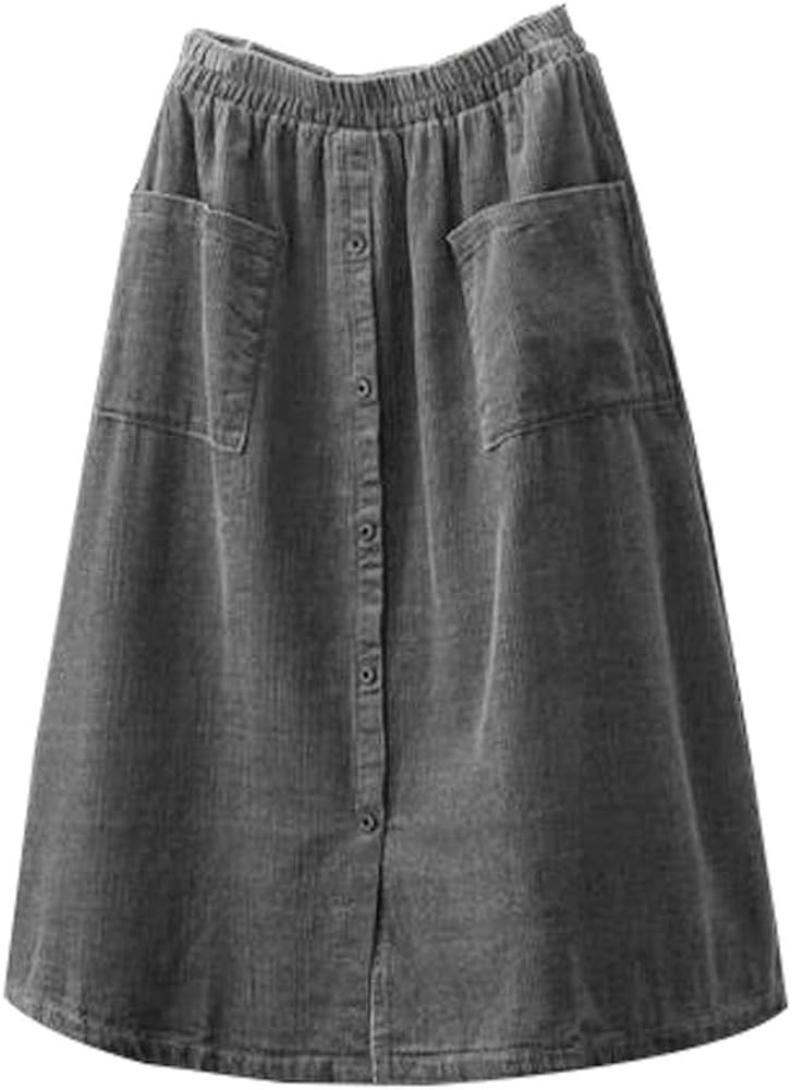 Minibee Women's Corduroy Midi Skirt Front Split Buttons Decoration A-Line Dress