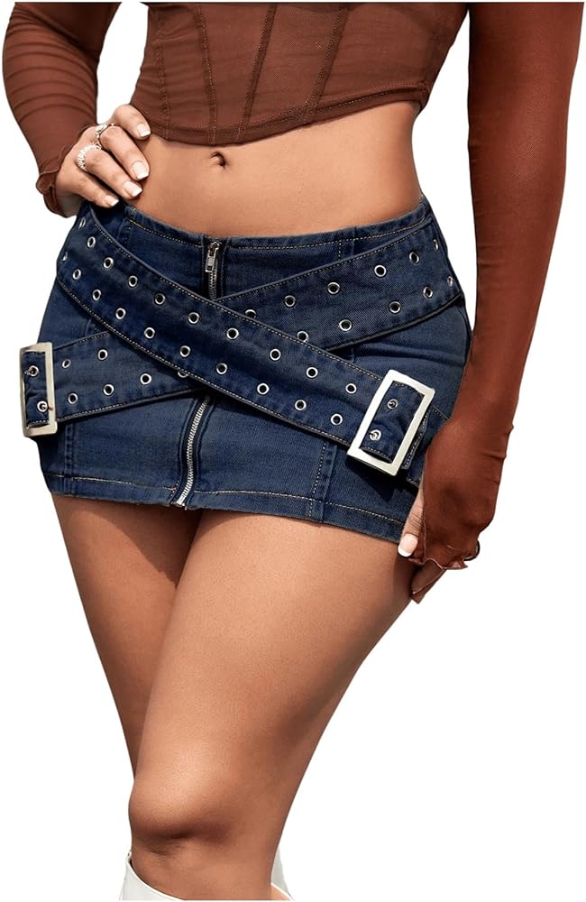 Women's Low Waist Grommet Eyelet Mini Denim Skirt Solid Cross Zipper Bodycon Skirt