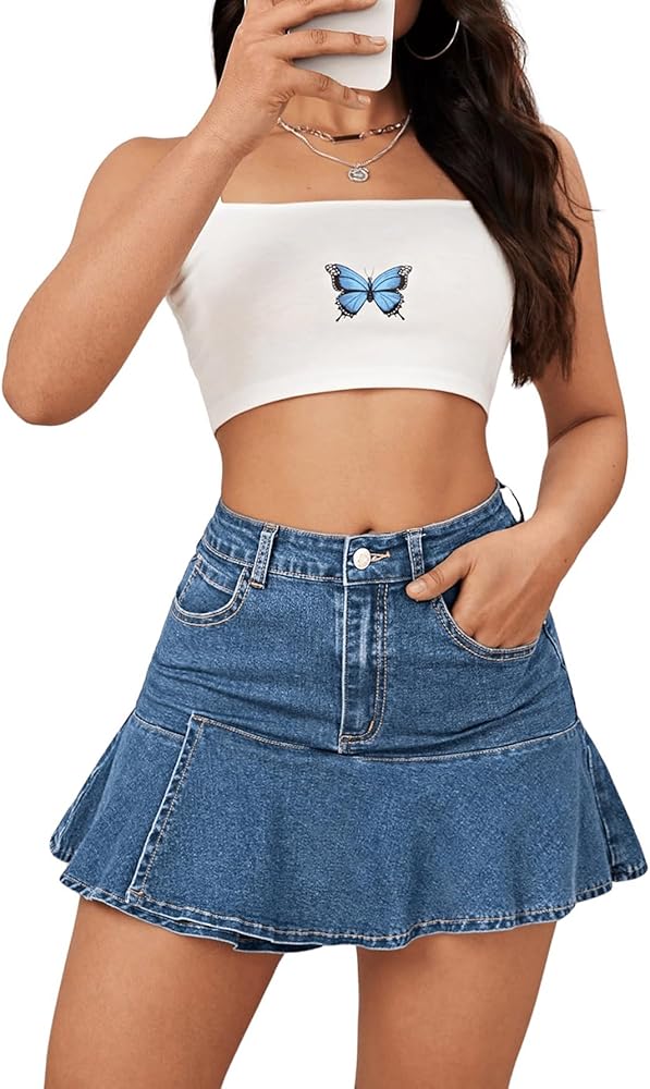 Women's High Waist Denim Mini Skirt Ruffle Hem A Line Flared Y2k Jean Short Skirts