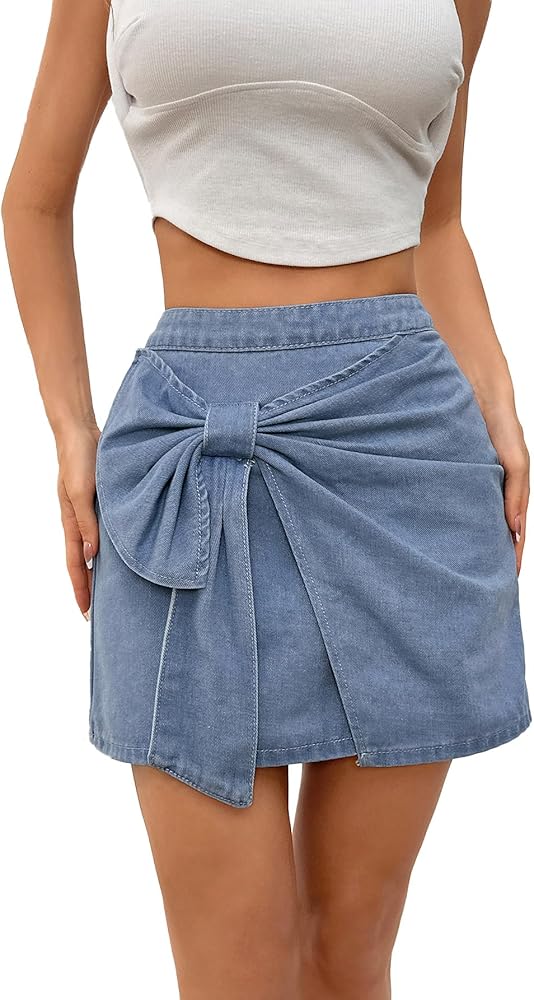 Women's Casual Bow Front Wrap Mini Denim Skirt High Waist Bodycon Jeans Skirt