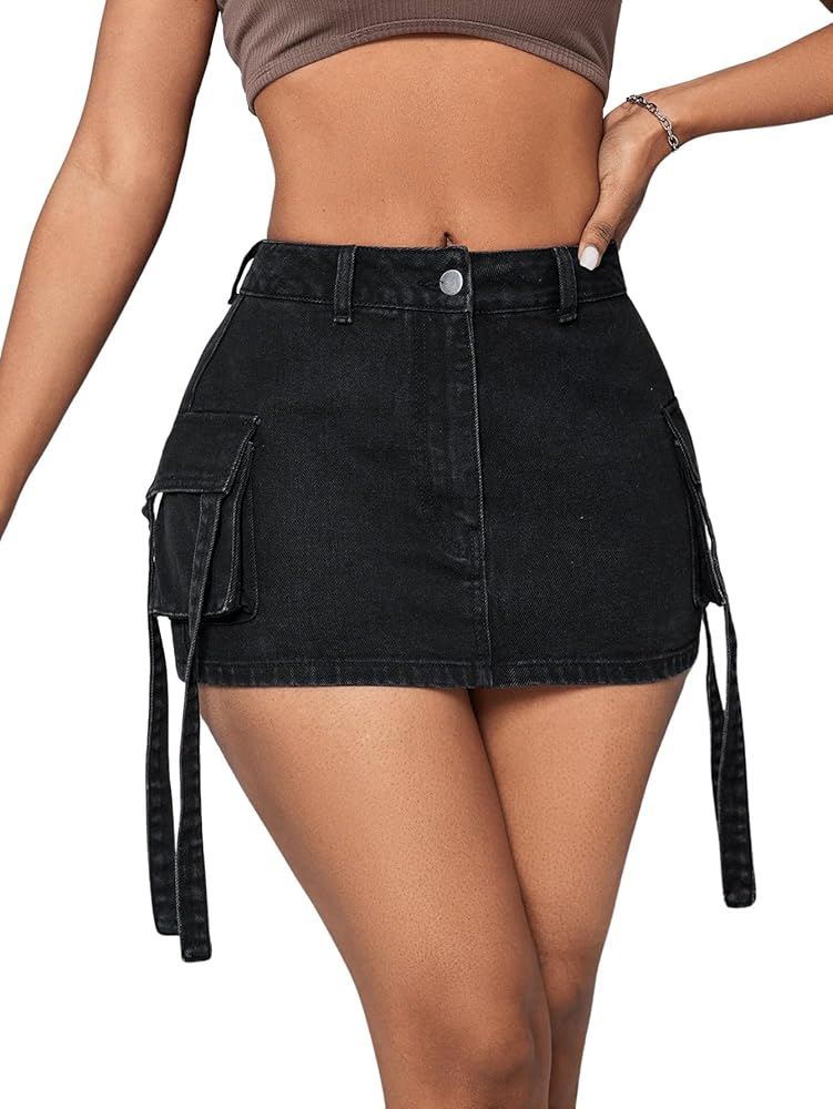 Women's Low Waist Mini Cargo Denim Skirt Button Front Y2K Jean Short Skirt with Pockets