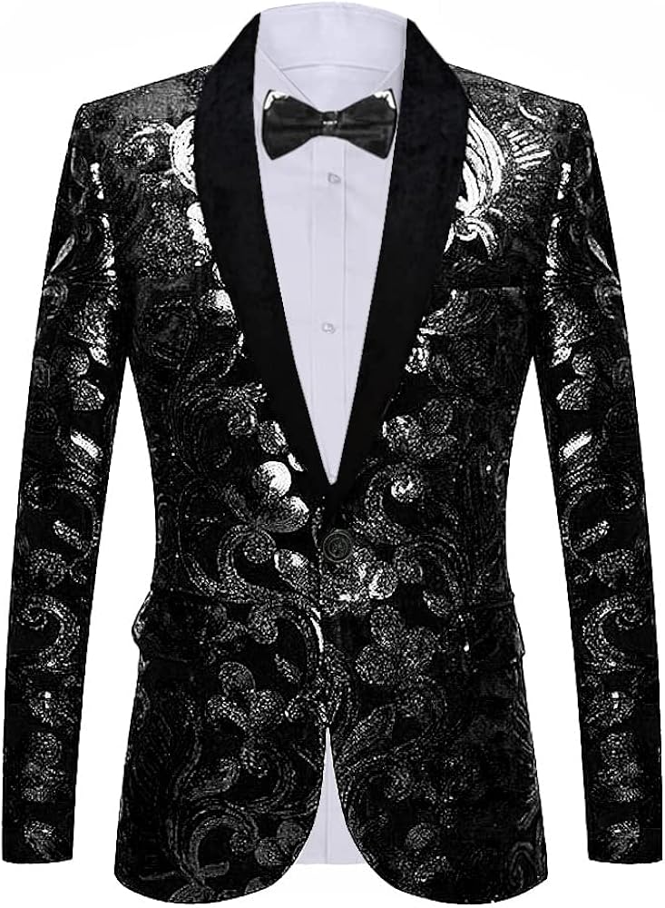 Men's Fashion Velvet Sequins Blazer Floral Pattern Party Prom Suit Jacket