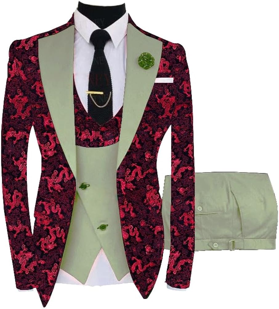 Mens Floral Jacquard Suits Slim Fit 3 Piece Set for Men Dalily Business Blazer Jacket Tuxedo Groomsmen Blazer
