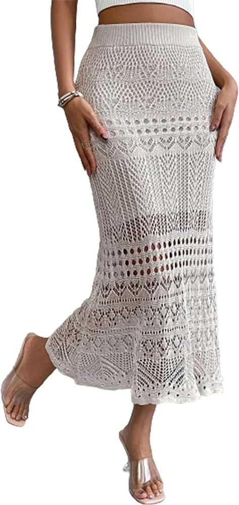 Verdusa Women's Casual Crochet Hollow Out Elastic High Waist Knit Bodycon Long Skirt