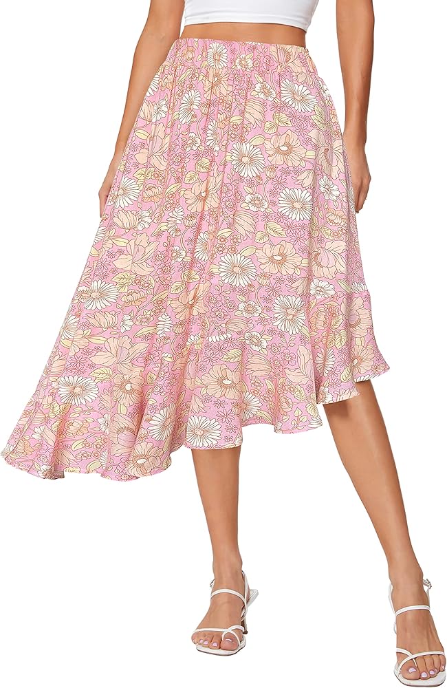 Afibi Women's Boho Floral High Waisted High Low Asymmetric Hem Midi Long Skirt