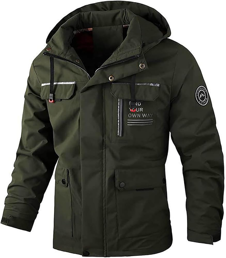 Mens Hooded Outdoor Jacket Winter Warm Trench Coat Long Sleeve Zipper Cargo Jeckets Multi Pocket Overcoats Windbreaker