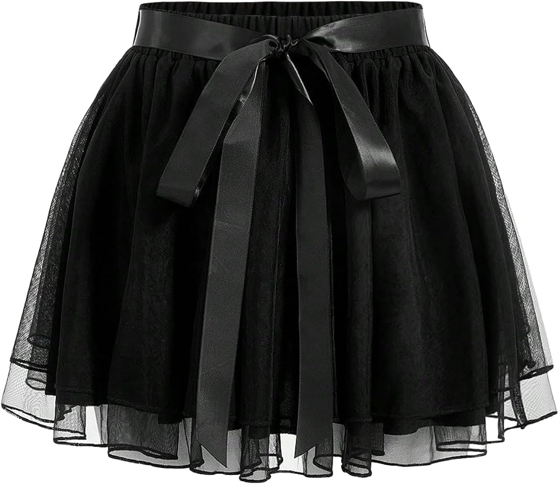 Milumia Women Mesh A Line Mini Skirt Belted High Waisted Knot Flare Short Skirts