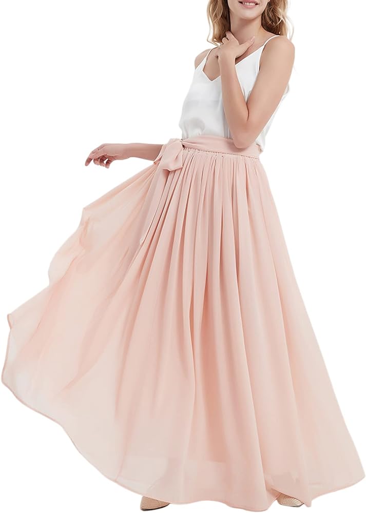 Women's Maxi Long Chiffon Bridesmaid Skirt High Waist Floor Length Pleated Summer Beach Skirt with Belt for Wedding Party
