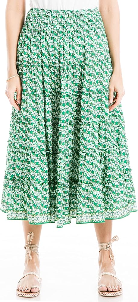 Max Studio Women's Rayon Midi Smocked Waist Tiered Skirt