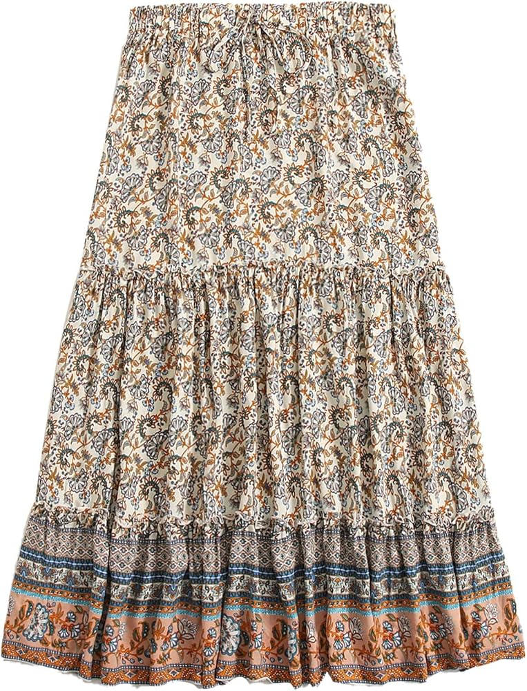 Milumia Women's Boho Vintage Floral Print Long Skirt Summer Tiered Maxi Skirt