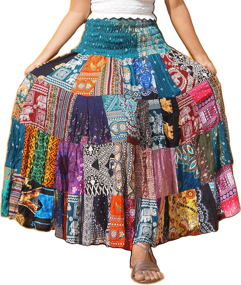 Patchwork Skirt * Long Maxi Boho Hippie * Smocked Ruched Waist * Flared Rayon