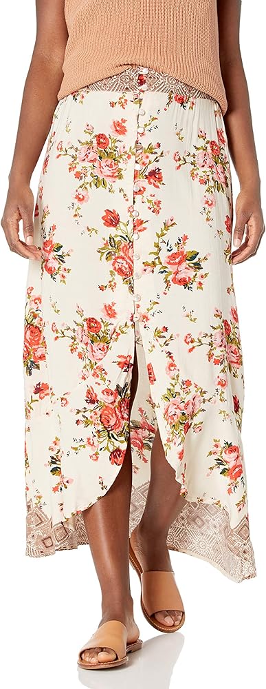 Angie Women's Floral Button Front Ruffle Hem Skirt