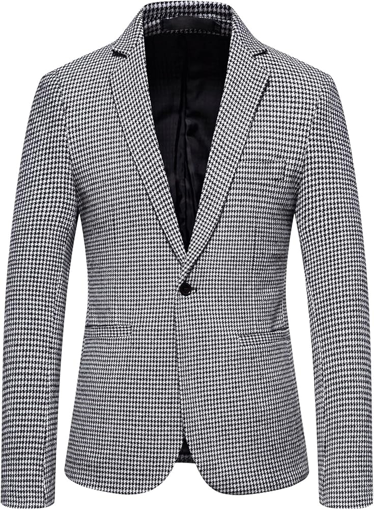 Mens Tuxedo Wool Blend Blazer Jacket Houndstooth Suit Blazer Notch Lapel One Button Slim Fit Blazer Jacket Sport Coat