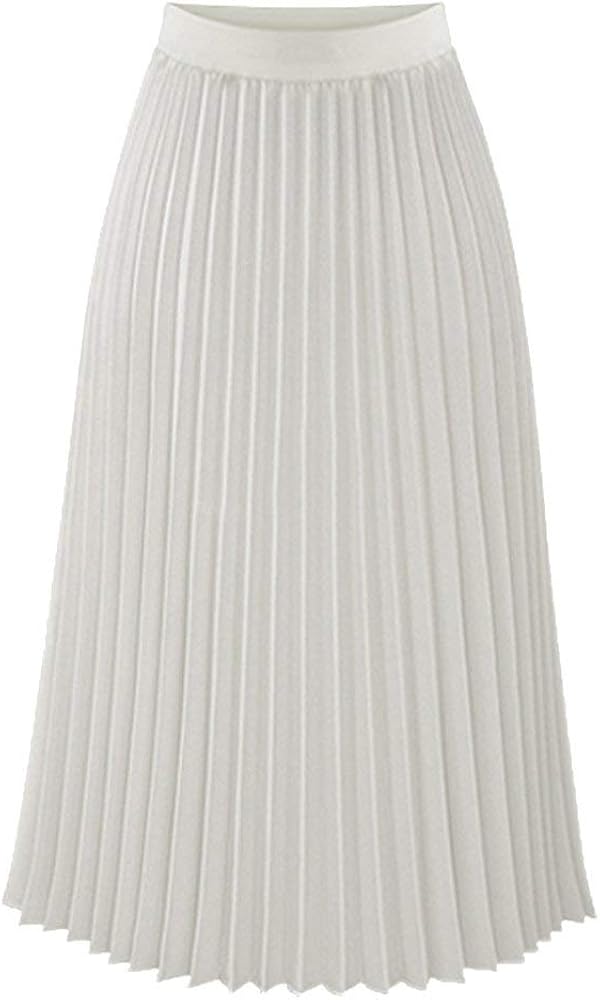 Womens Pleated Midi Skirt,High Waist Swing Boho Pleated Skirt Casual Chiffon Elastic A-line Long Skirts