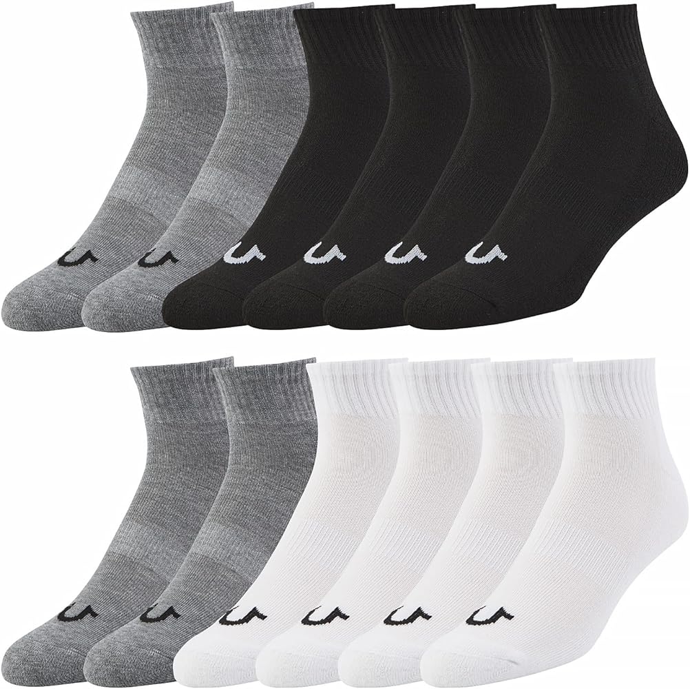 True Religion Mens Socks 6 & 12 Pairs Ankle Socks for Men Quarter Premium Athletic Men's Socks, Shoe Size 8-12