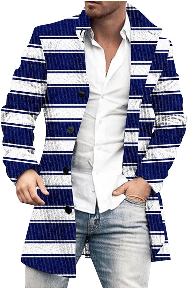 Mens Fleece Jackets Button Down Long-Sleeve Stripe Printed Overcoats with Pockets Woolen Warm Thickened Windbreaker