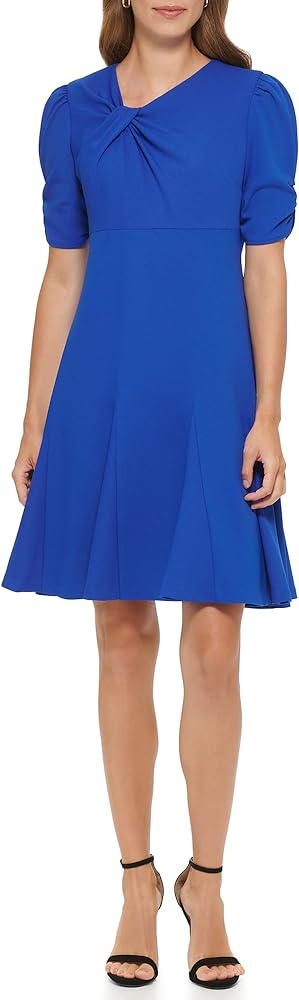 DKNY Women's Short Sleeve Fit and Flare with Godet Skirt