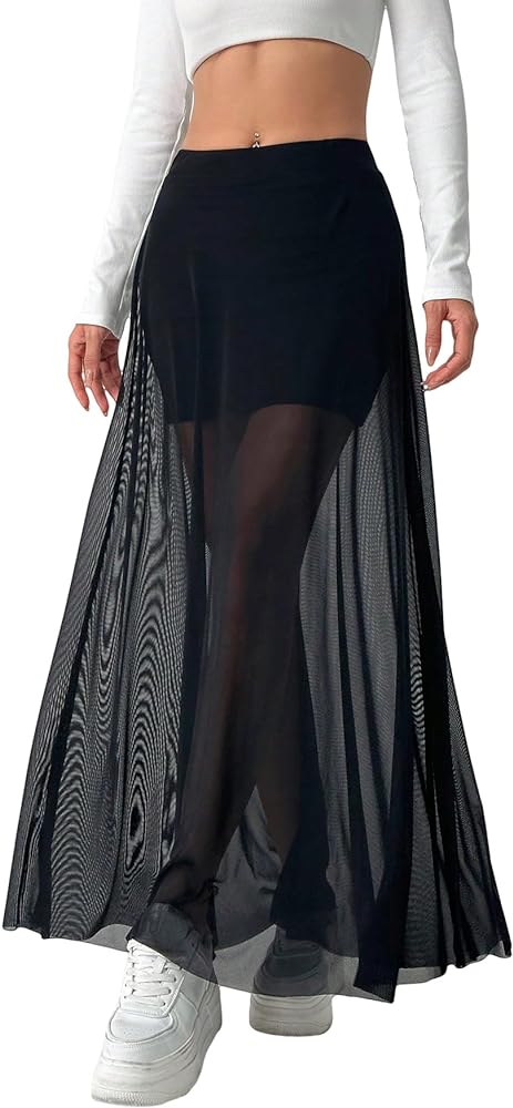 Floerns Women's Solid Basic Sheer Mesh High Stretch Skinny A Line Long Skirt