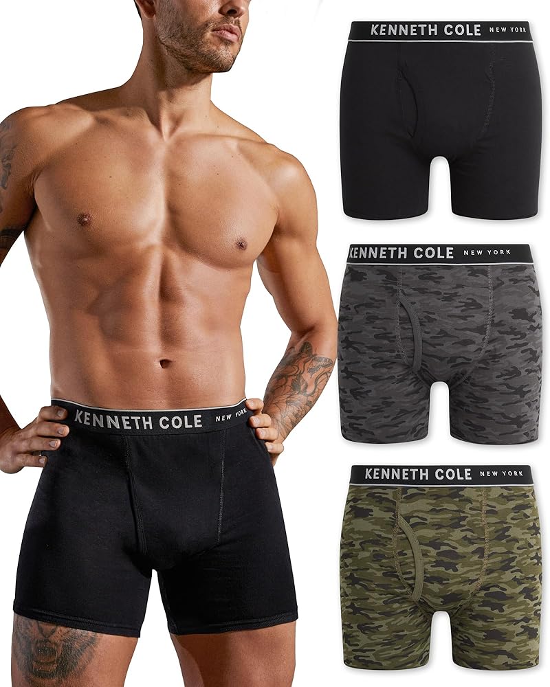 Kenneth Cole Men's Underwear - 100% Cotton Boxer Briefs with Pouch - 3 Pack Classic Multipack Boxer Briefs for Men (S-XL)