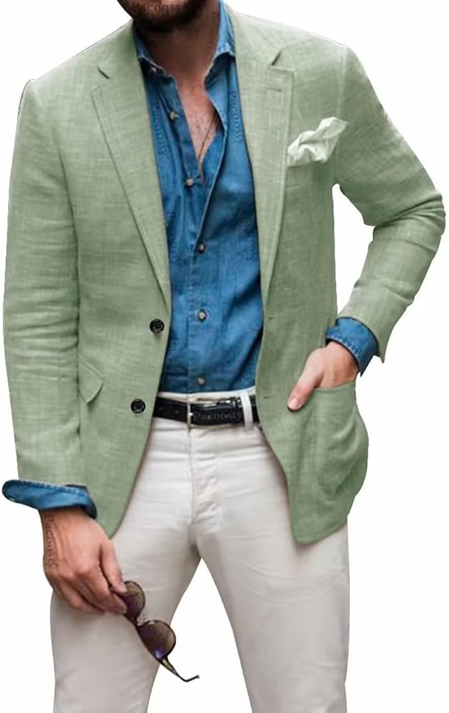 Wangyue Men's 2-Piece Linen Suit Casual Slim Fit Vintage Suits Groomsmen Tuxedos Wedding Summer Beach Blazer Pants Set