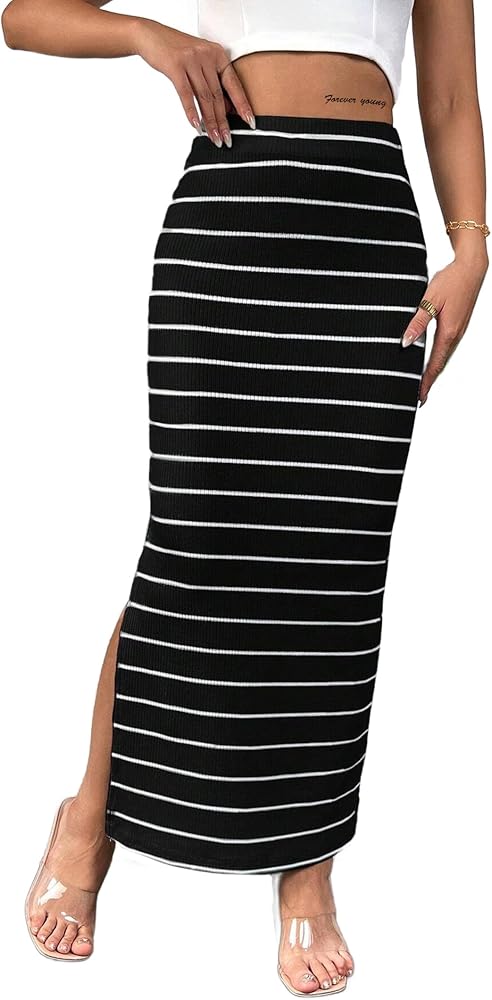 Avanova Women Striped Split Slit Long Skirt High Waisted Ribbed Knit Bodycon Skirt