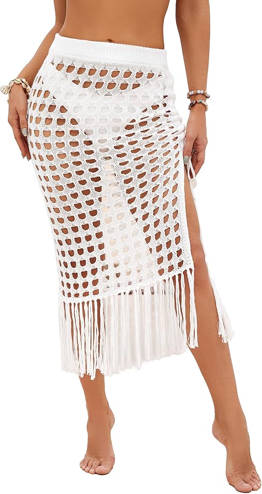 ZAFUL Women's Elastic Waist Bikini Cover Up Skirts Hollow Out Adjustable Drawstring Beach Maxi Skirt