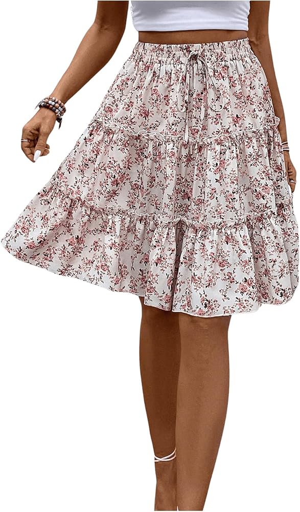 WDIRARA Women's Floral Print Ruffle Hem Elastic High Waist Tie Front Skirt