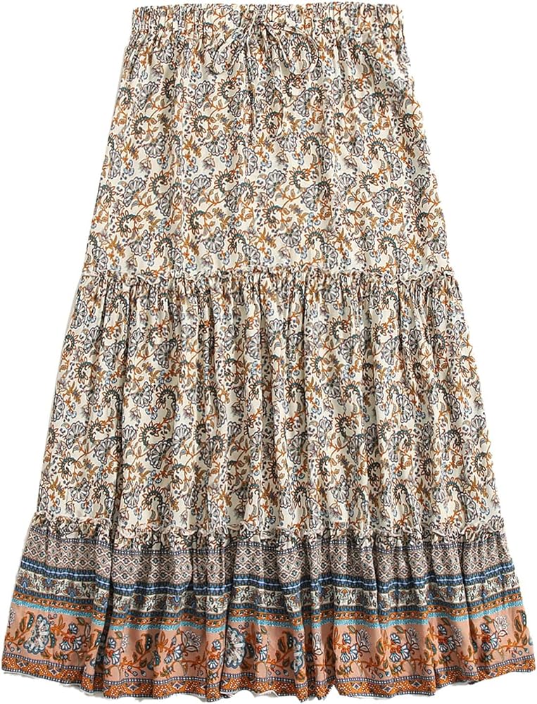 Milumia Women's Boho Vintage Floral Print Long Skirt Summer Tiered Maxi Skirt