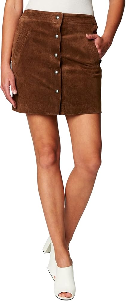 [BLANKNYC] womens Real Suede Snap Front Mini Skirt with Pocket Detail, Stylish & Trendy Leather Miniskirt
