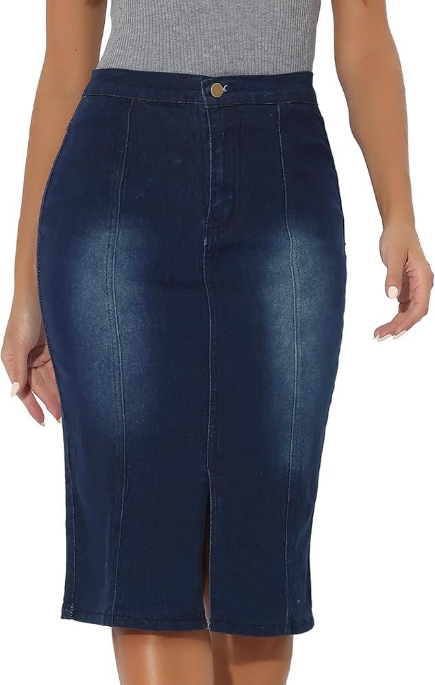 Allegra K Women's Slit Elastic High Waist Below Knee Length Casual Stretch Bodycon Pencil Denim Skirt