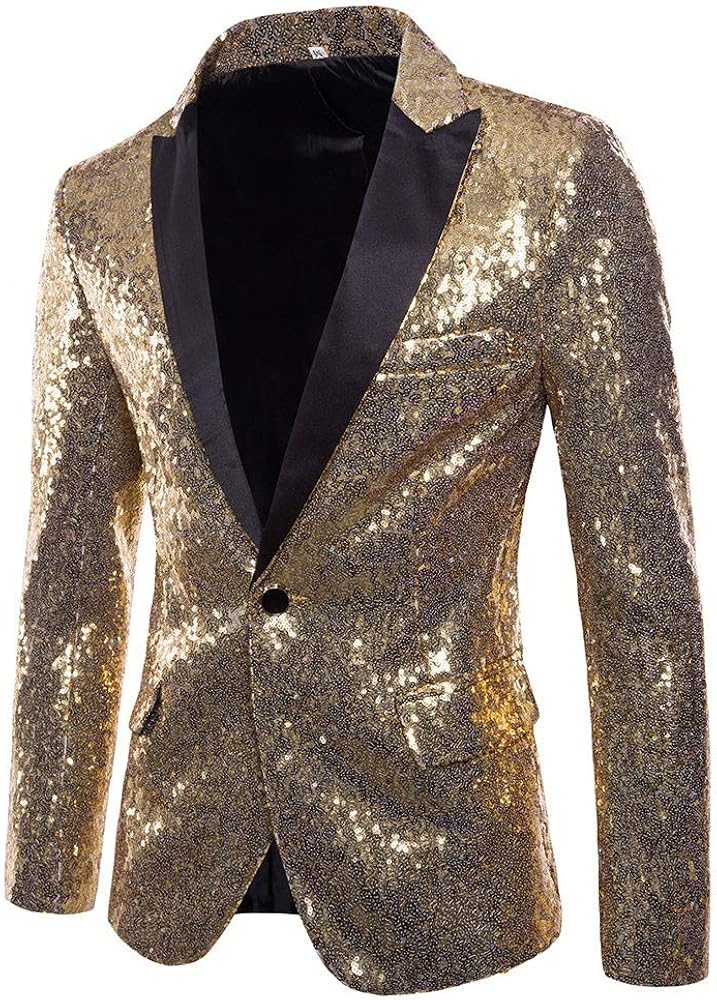 Sports Coat with Jeans Charm Men's Casual One Button Fit Suit Coat Jacket Sequin Party Top Blazer Suit for Men (Gold, L)