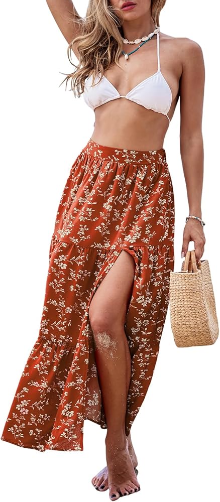 CUPSHE Women Skirts Floral Midi Skirt High Waist Flowing Silhouette Skirt Casual Summer Holiday Beach